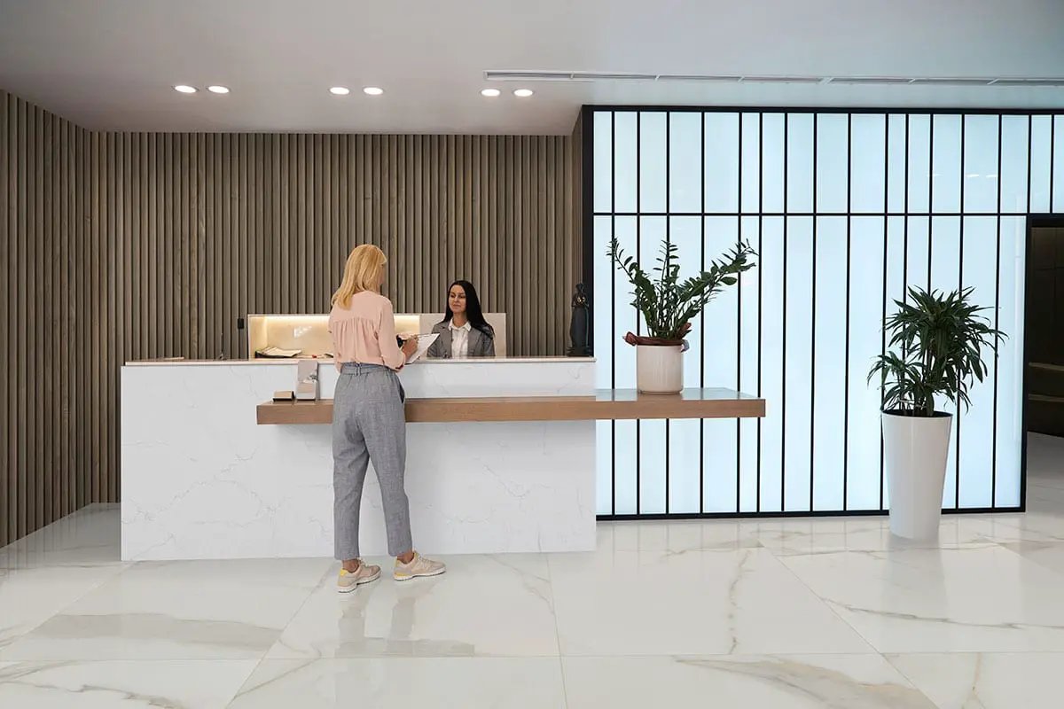 Monza Marbello Matte Marble Look Porcelain Tiles 35x35 in a finished room
