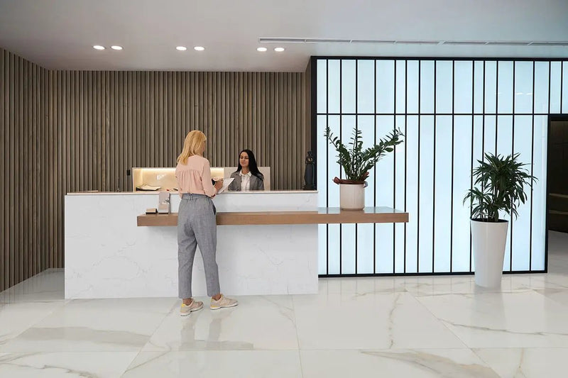 Monza Marbello Matte Marble Look Porcelain Tiles 35x35 in a finished room