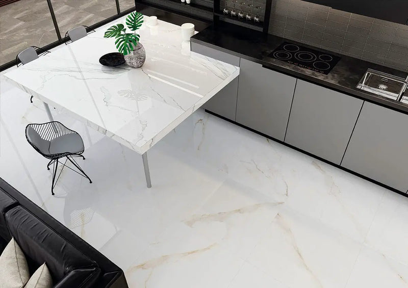 Monza Marbello Matte Marble Look Porcelain Tiles 35x35 in a finished room