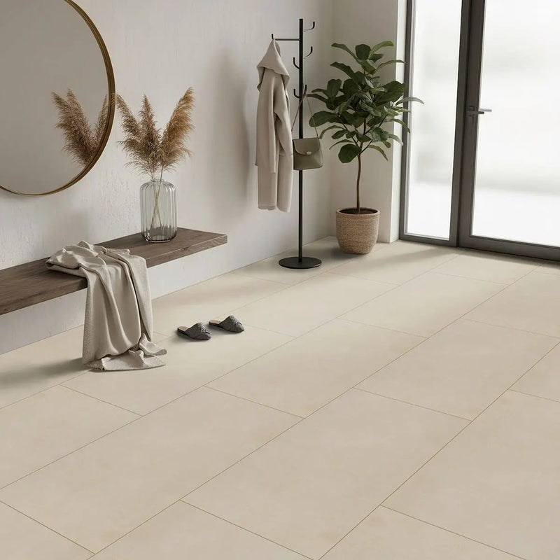 Murcia Alabaster Matte Porcelain Tiles 24x48 in a finished room