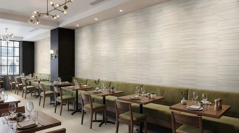 Murcia Alabaster Origin Matte Ceramic Tiles 16x48 in a finished room