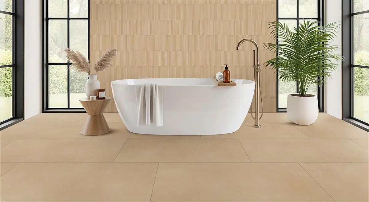 Murcia Dune Matte Porcelain Tiles 24x48 in a finished room