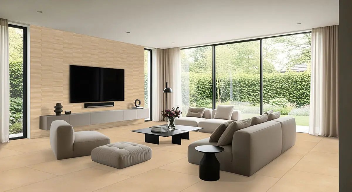 Murcia Dune Origin Matte Ceramic Tiles 16x48 in a finished room
