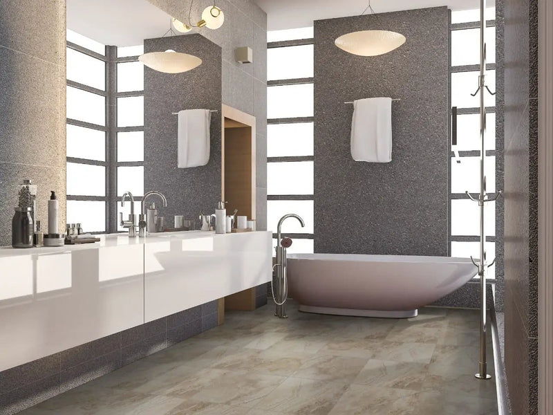 Napa Beige Matte Travertine Look Ceramic Tiles 12x24 in a finished room
