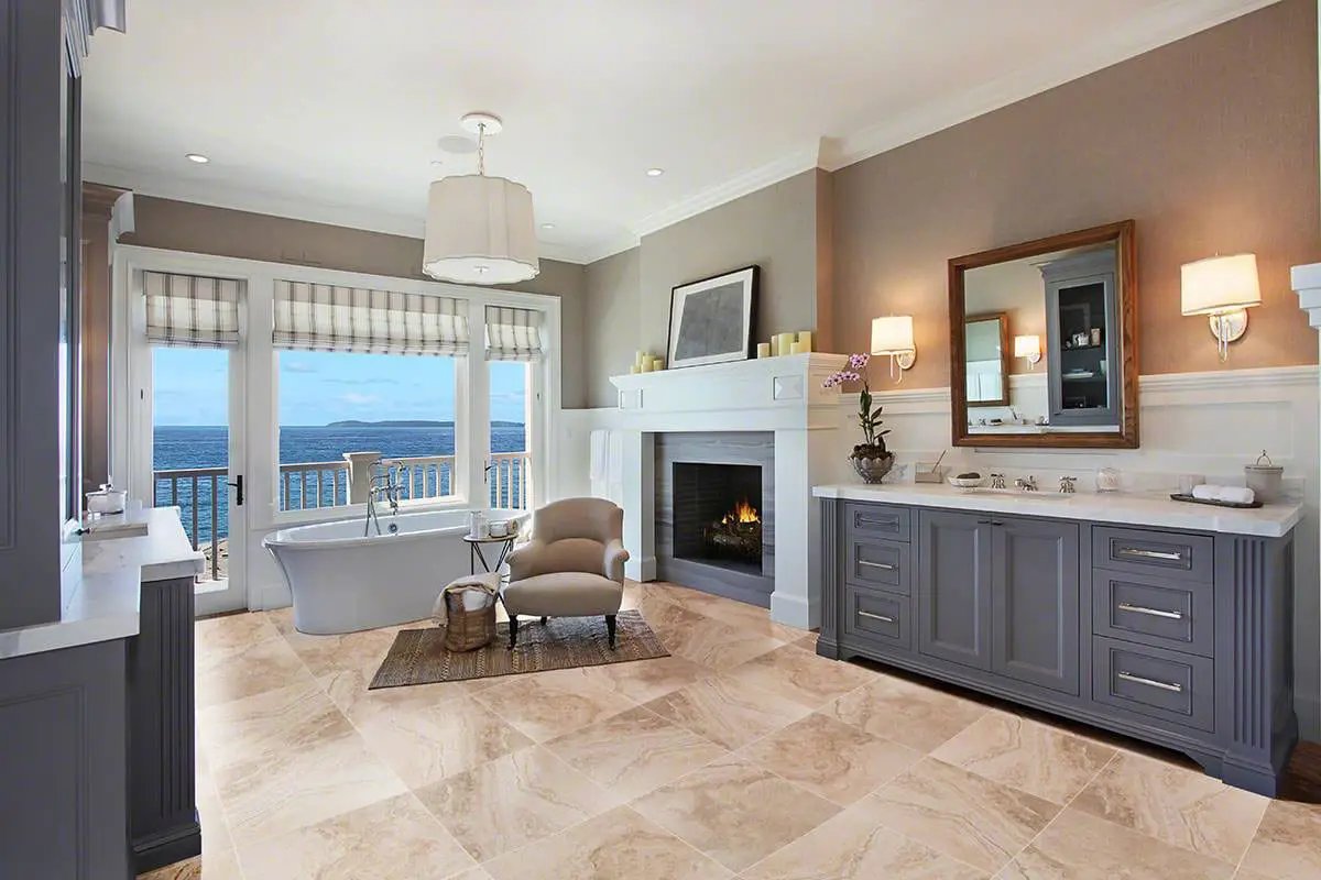 Napa Beige Matte Travertine Look Ceramic Mosaics 2x2 in a finished room