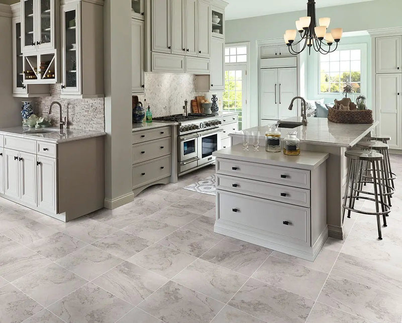 Napa Gray Matte Bullnose Travertine Look Ceramic Moldings 3x24 in a finished room