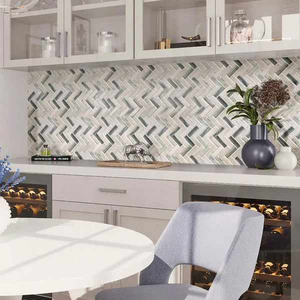 Gray Beige 11x13 Matte Herringbone Recycled Glass Mosaic Tile (10 pack, 9.625 sq ft/case)