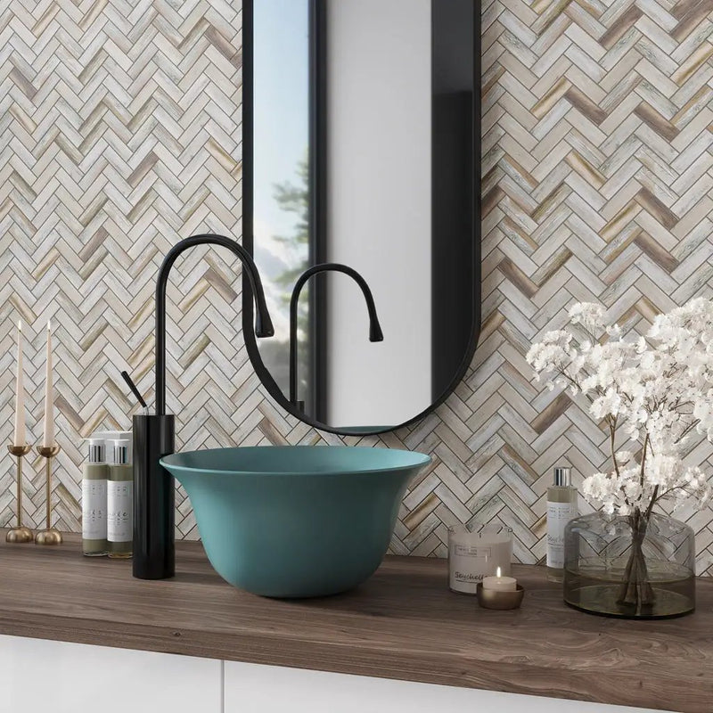 Beige 11x13 Matte Herringbone Recycled Glass Mosaic Tile (10 pack, 9.625 sq ft/case) by Apollo Tile