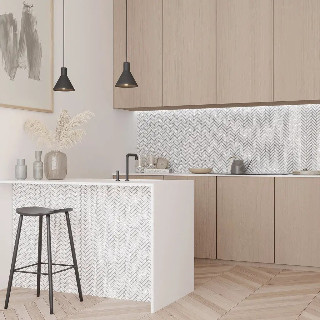 White with Gray Vein 11x13 Polished Herringbone Glass Recycled Glass Mosaic Tile (10 pack, 9.63 sq ft/case) by Apollo Tile