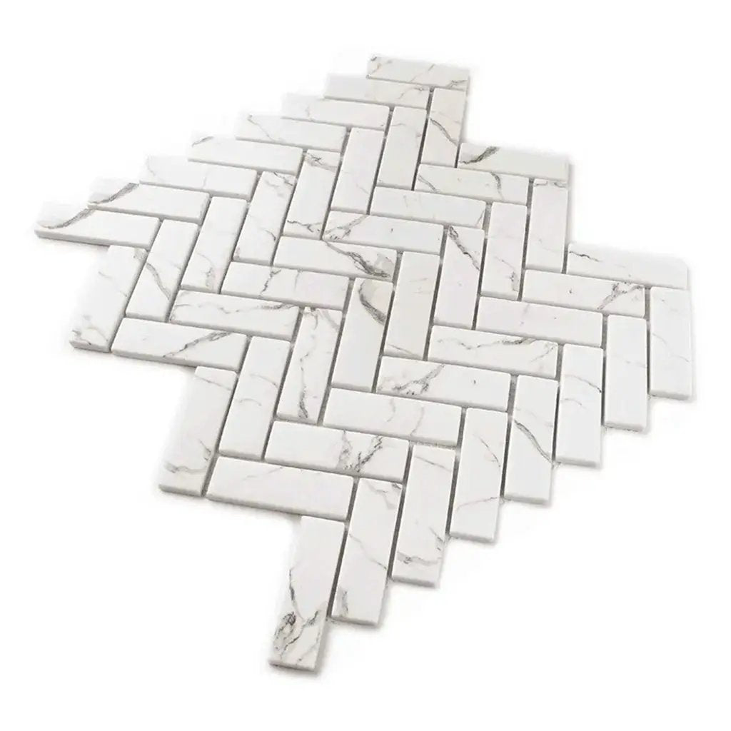 White with Gray Vein 11x13 Polished Herringbone Glass Recycled Glass Mosaic Tile (10 pack, 9.63 sq ft/case) by Apollo Tile