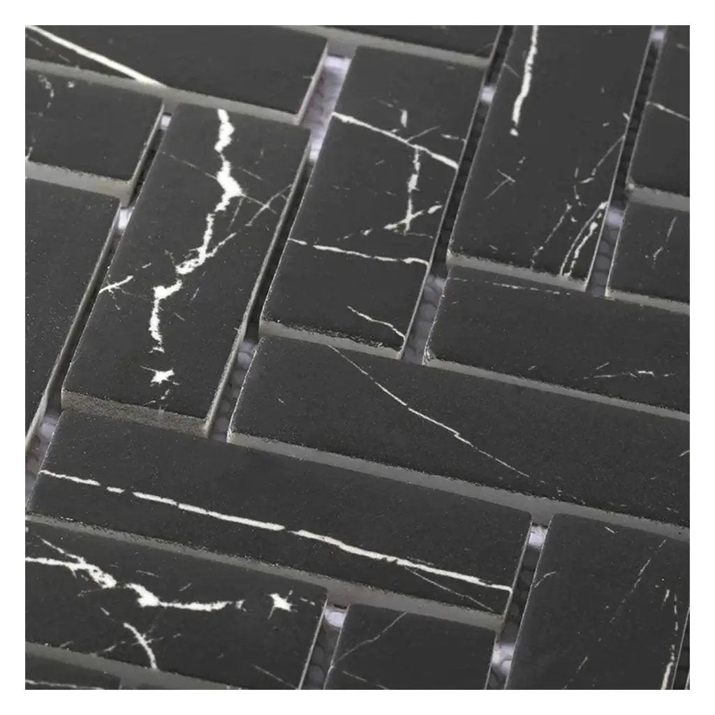 Black with White Vein 11x13 Polished Herringbone Glass Recycled Glass Mosaic Tile (10 pack, 9.63 sq ft/case) by Apollo Tile