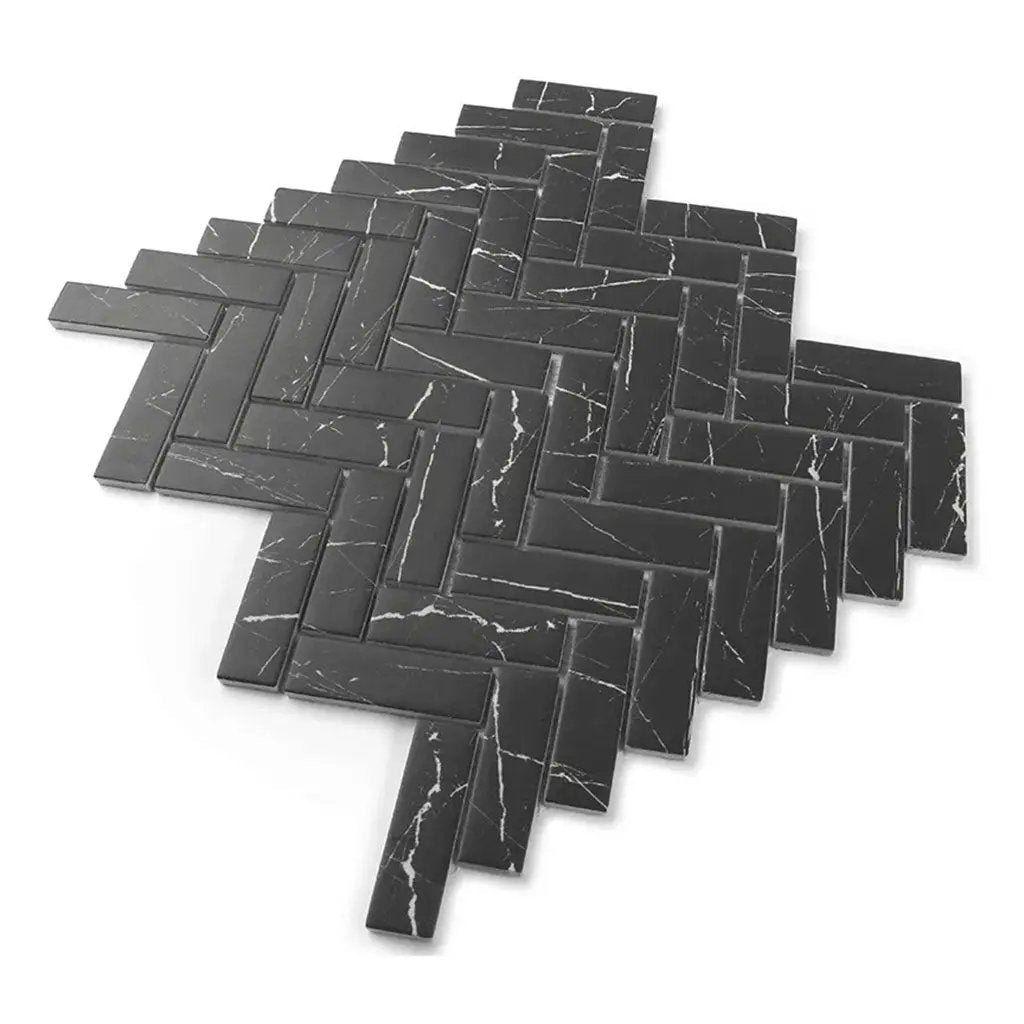 Black with White Vein 11x13 Polished Herringbone Glass Recycled Glass Mosaic Tile (10 pack, 9.63 sq ft/case) by Apollo Tile