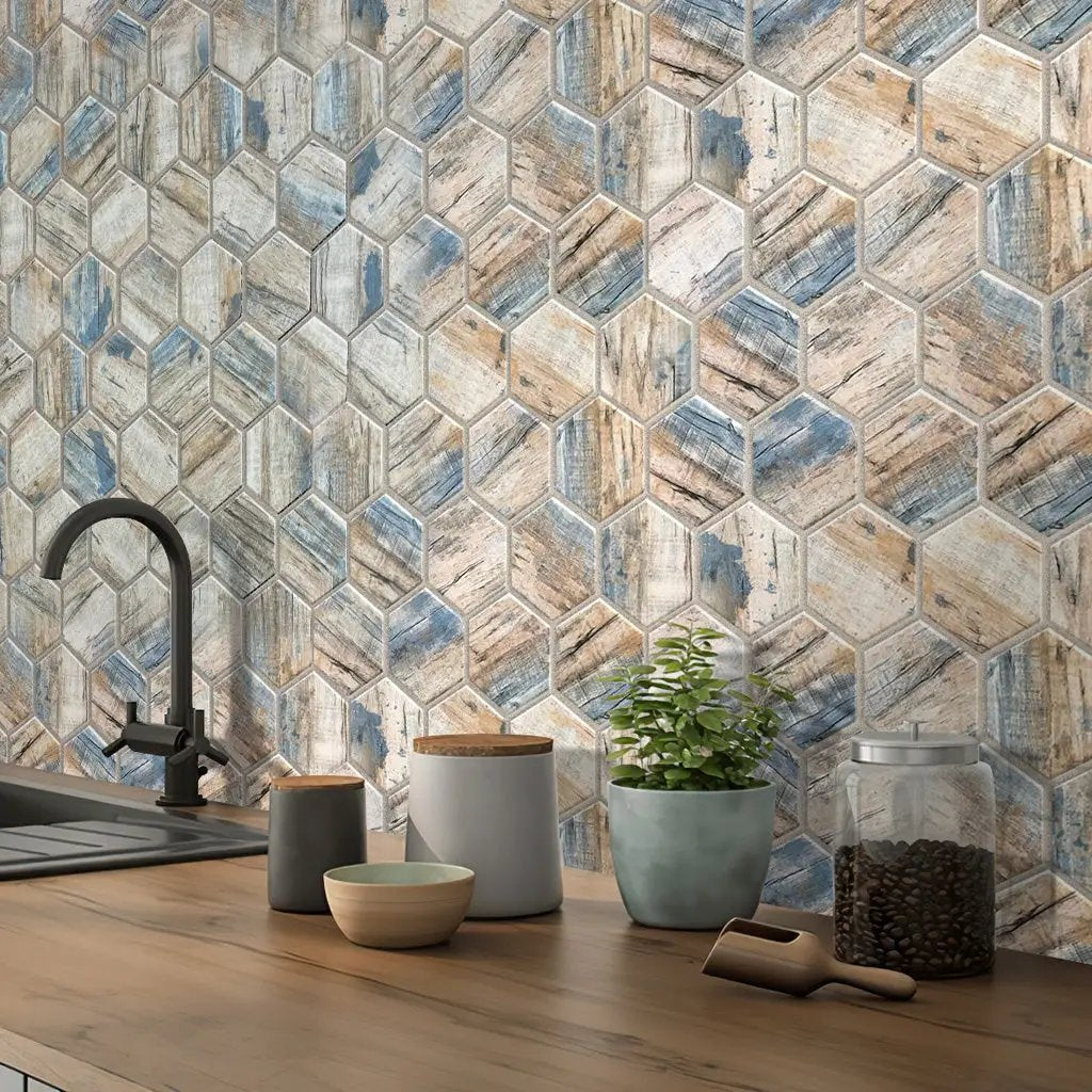Blue Beige 10x12 Matte Hexagon Recycled Glass Mosaic Tile (10 pack, 8.29 sq ft/case) by Apollo Tile