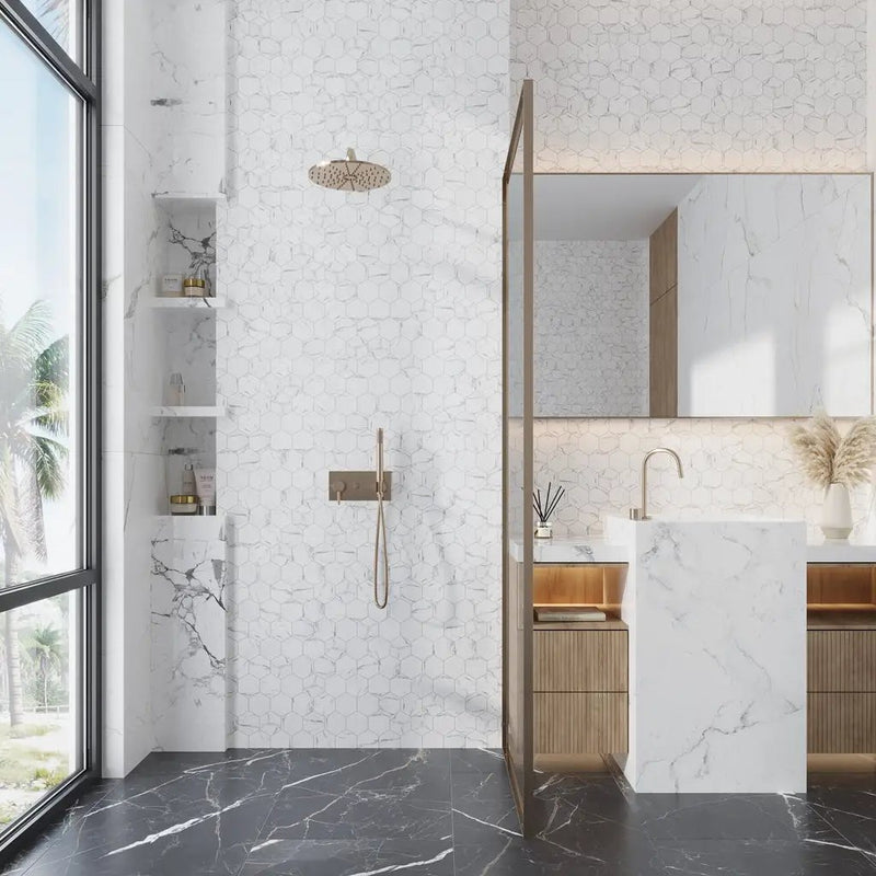 White with Gray Vein 10x12 Polished Hexagon Glass Recycled Glass Mosaic Tile (10 pack, 8.29 sq ft/case) by Apollo Tile