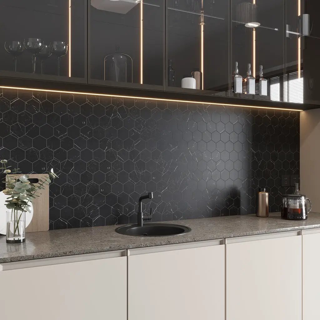 Black with White Vein 10x12 Polished Hexagon Glass Recycled Glass Mosaic Tile (10 pack, 8.29 sq ft/case) by Apollo Tile