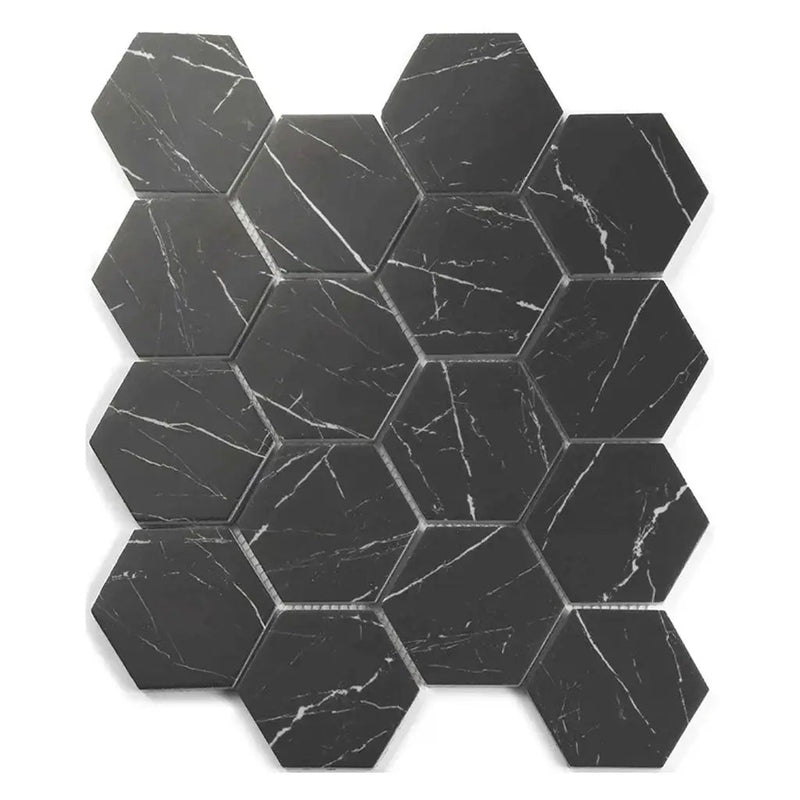Black with White Vein 10x12 Polished Hexagon Glass Recycled Glass Mosaic Tile (10 pack, 8.29 sq ft/case) by Apollo Tile