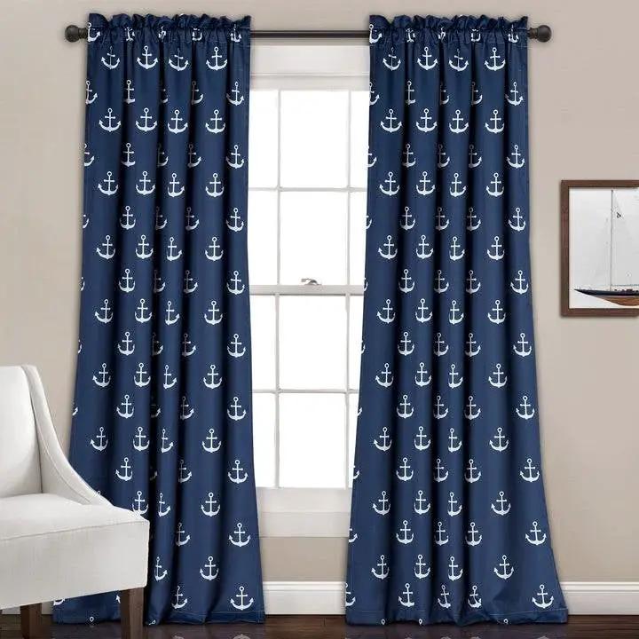 2 Panel 84"L x 52"W Navy Nautical Anchors Window Curtain Set by HomePacific