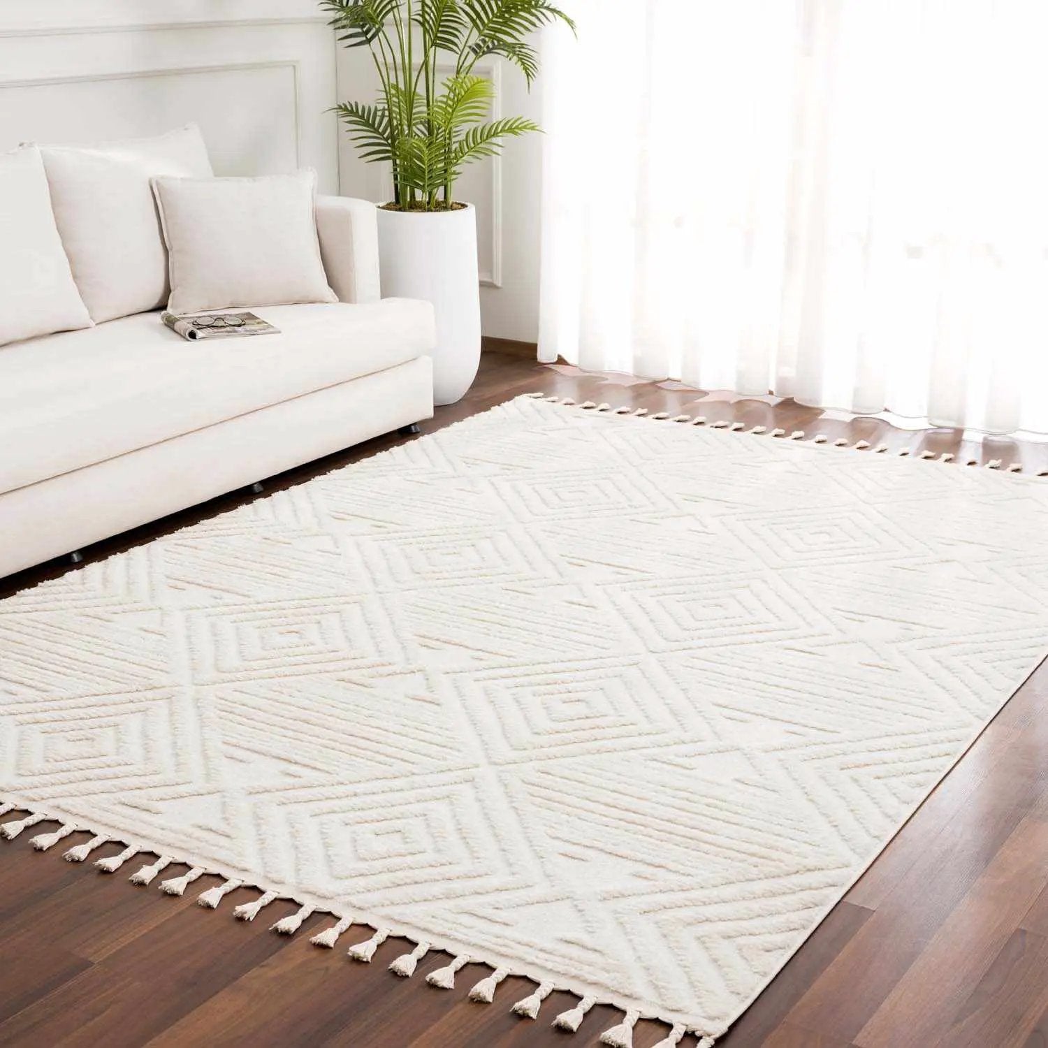 Manyas 3D Bone Area Rug with Tassels - Clearance by Boutique Rugs