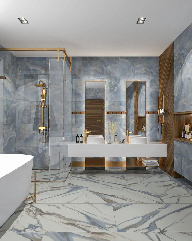 Exotika Oceano Polished Marble Look Porcelain Tiles 24x48 in a finished room