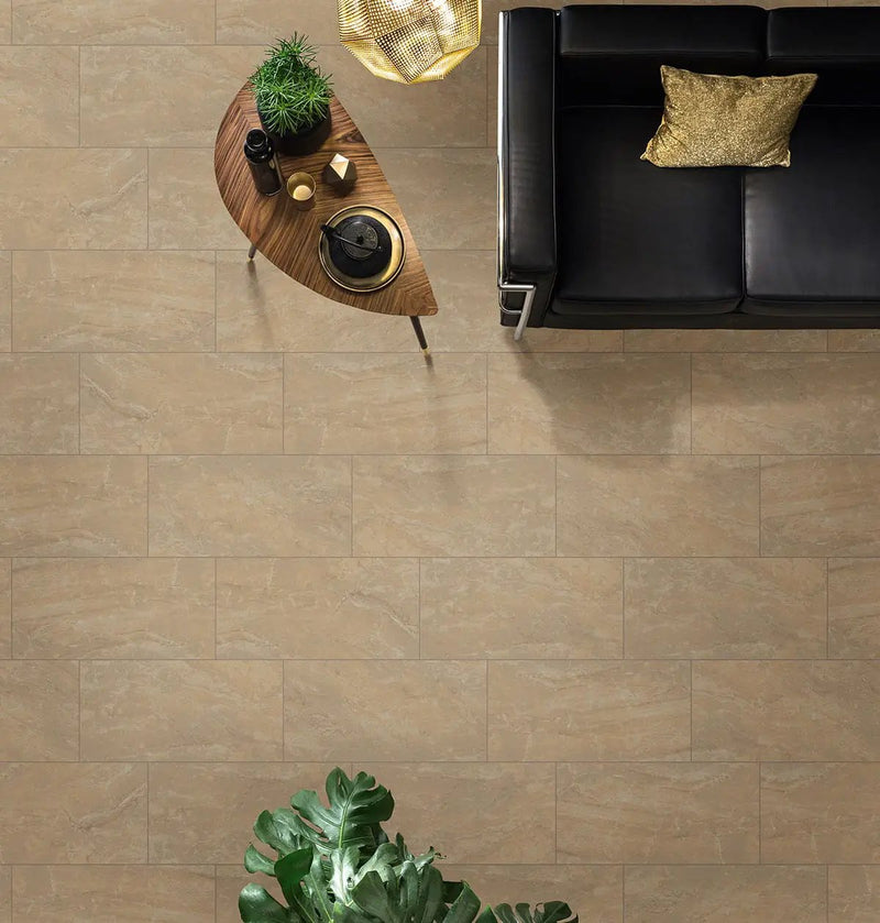 Onyx Sand Polished Porcelain Tiles 12x24 in a finished room