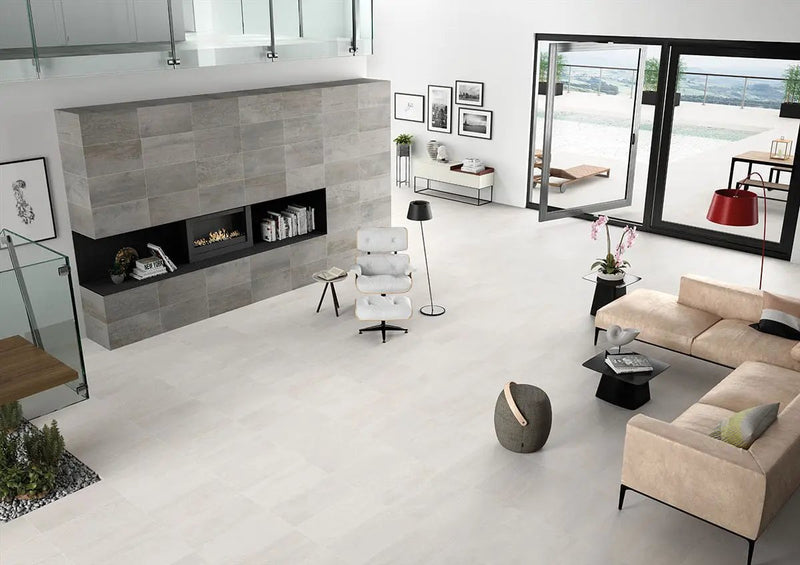 Oxide Blanc Matte Porcelain Tiles 24x48 in a finished room