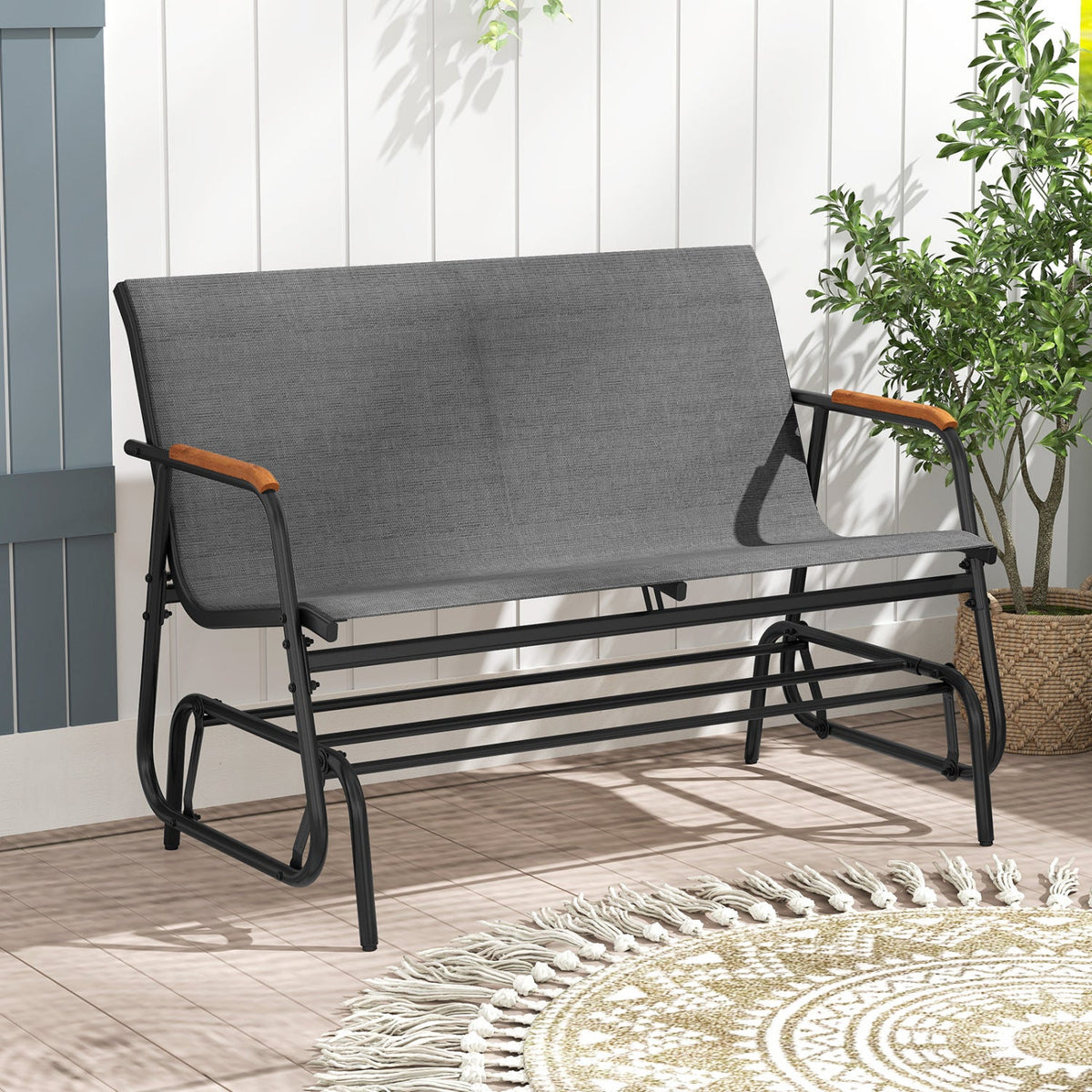 Patio Glider Bench with Curved Teak Armrests and Breathable Fabric Seat for 2 People-Brown, photo 9 of 10