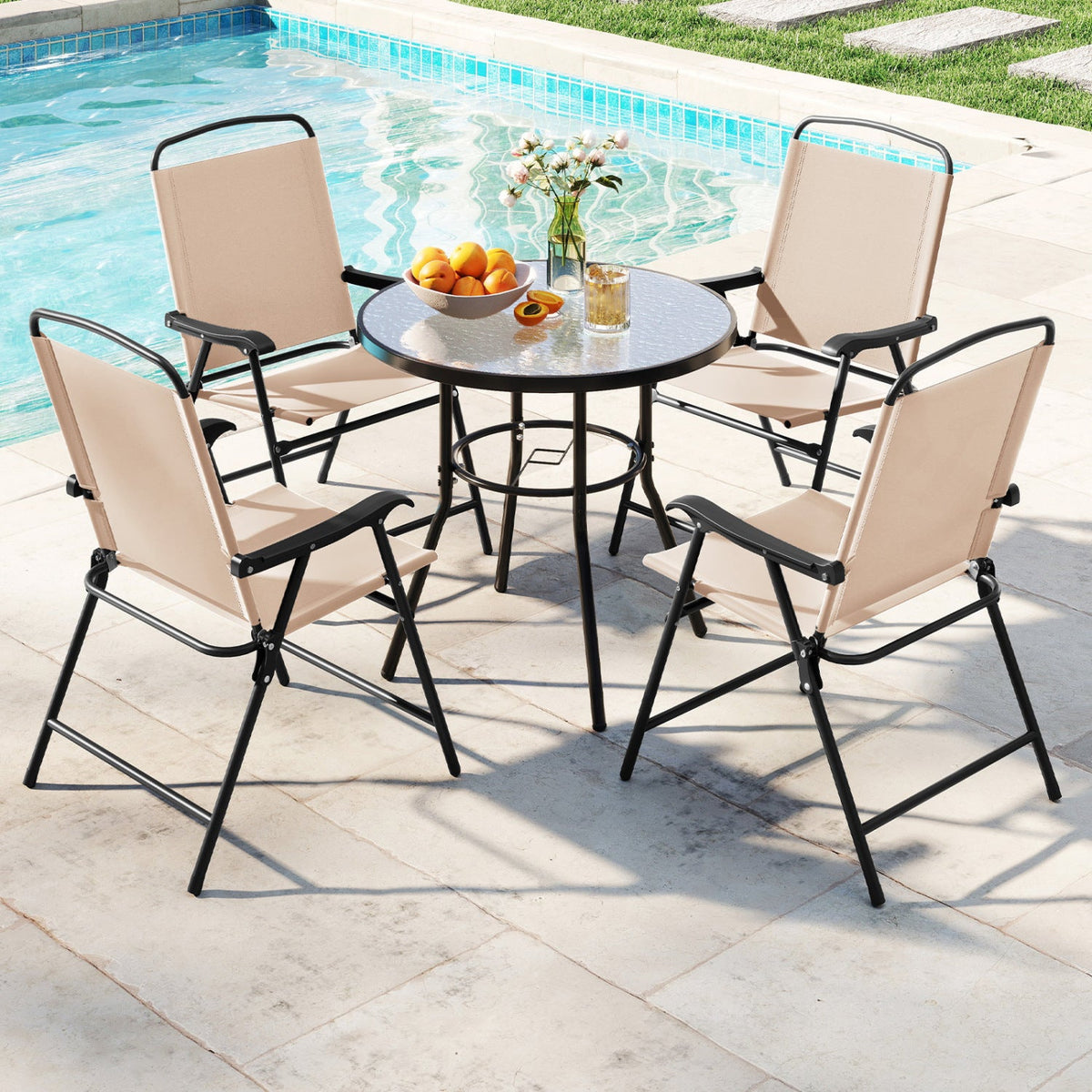 6 Pieces Patio Dining Set with Umbrella with 4 Folding Armchairs, photo 2 of 3