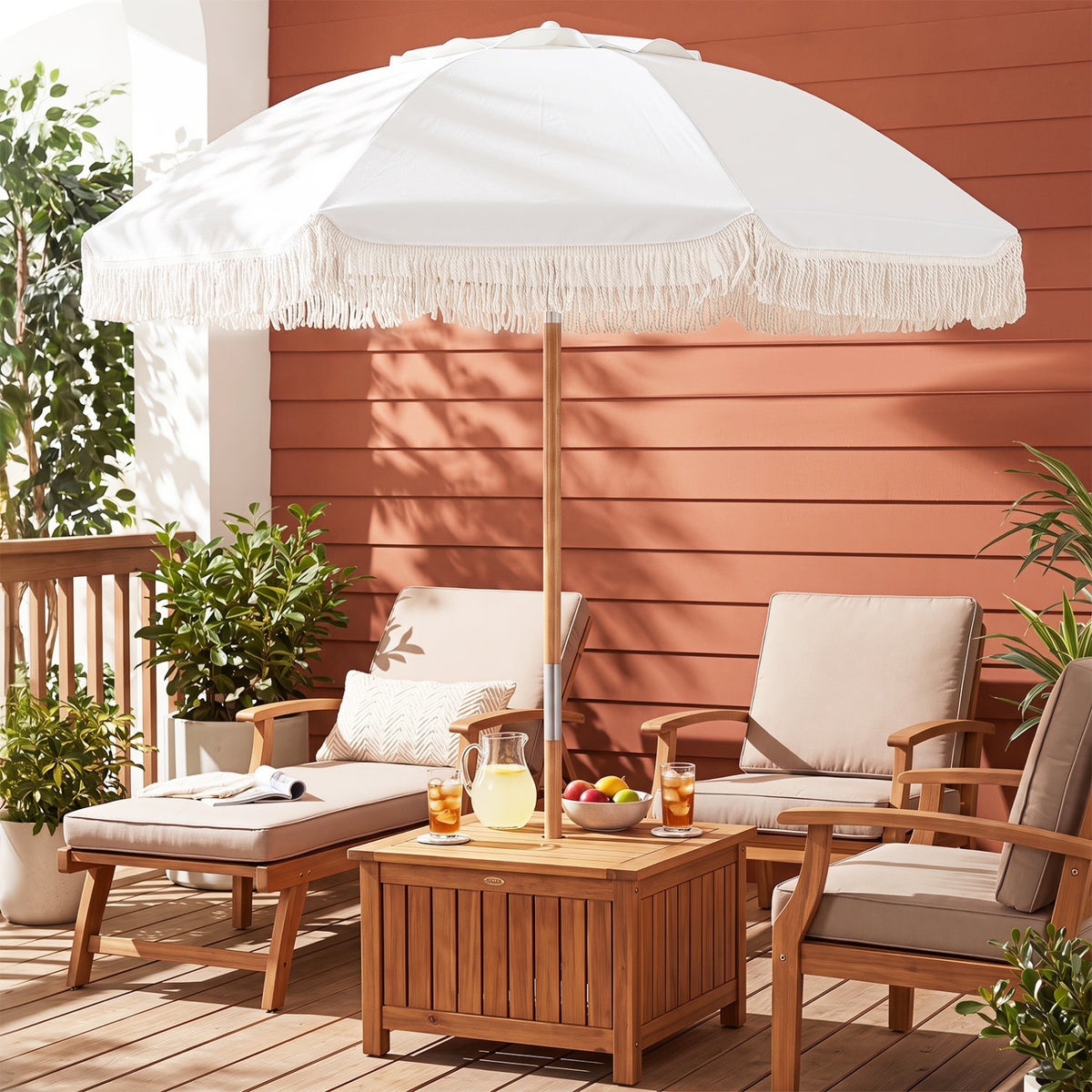 6 Feet Patio Umbrella with Fringe with Push Button Tilt and Wood Pole, photo 9 of 10