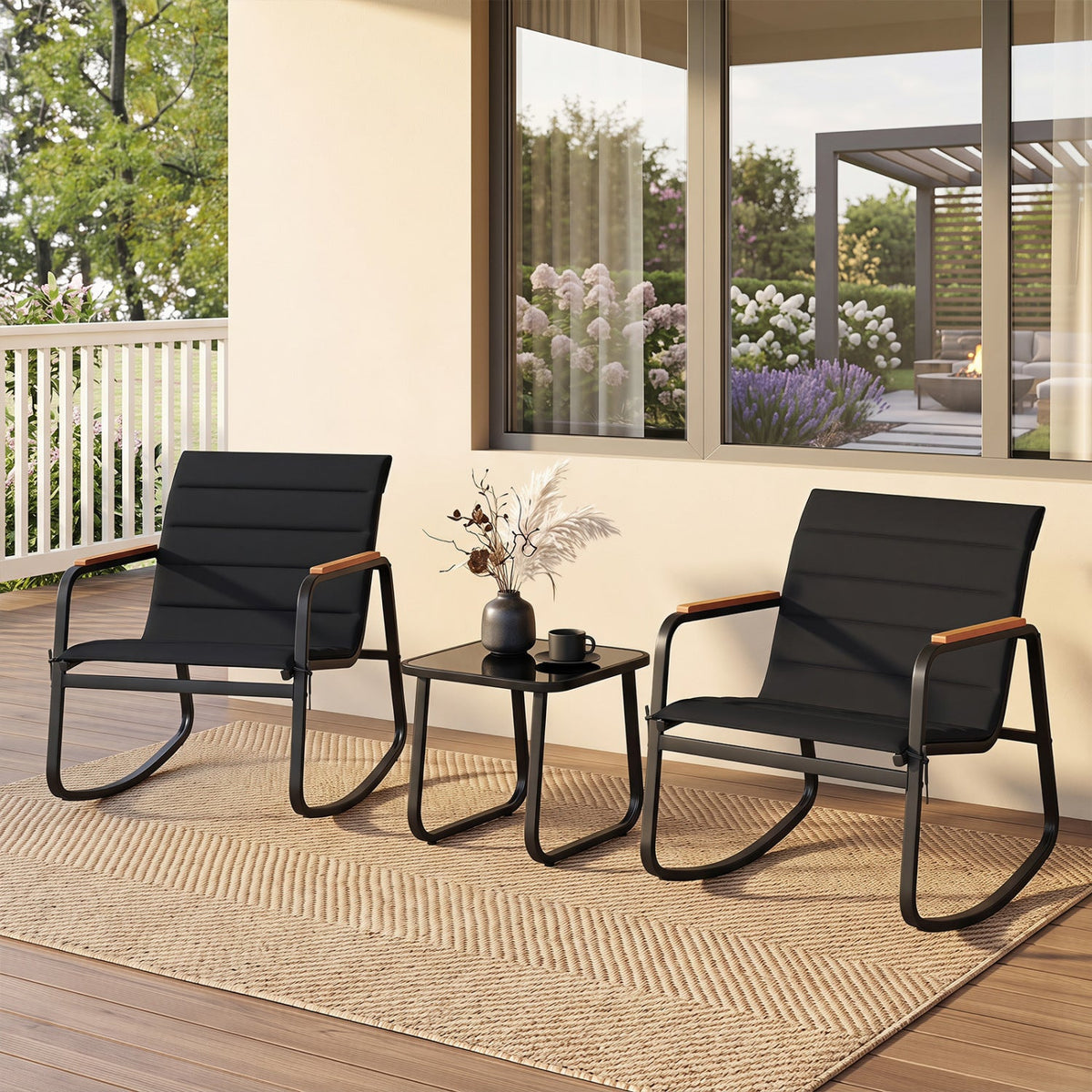3 Piece Outdoor Rocking Bistro Set Porch Rocker Chairs-Gray, photo 9 of 9