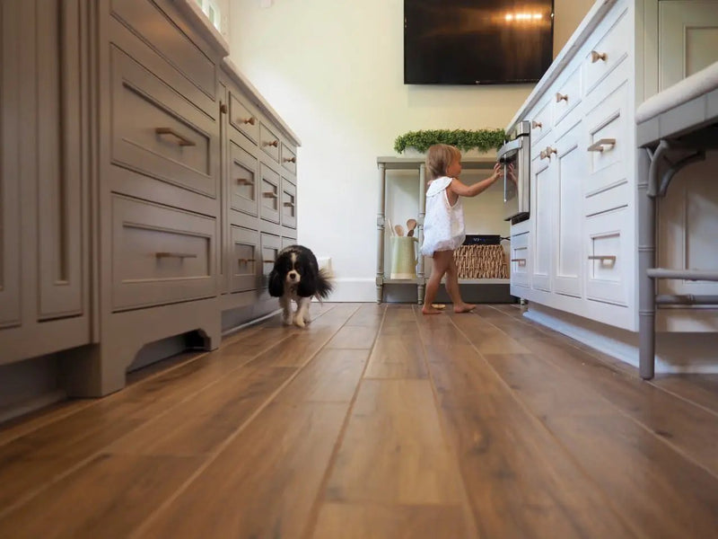 Palmetto Cognac Matte Porcelain Tiles 6x36 in a finished room