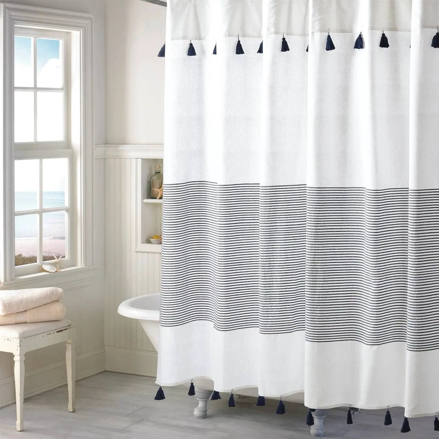72-inch Navy and White Stripes Cotton Shower Curtain by HomePacific