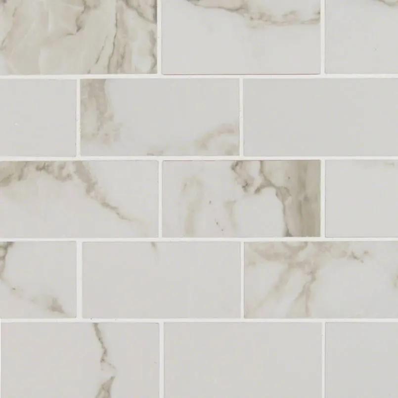Pietra Calacatta Polished Marble Look Porcelain Mosaics 2x4 close up
