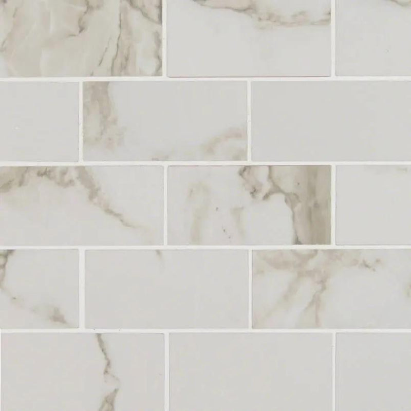 Pietra Calacatta Polished Marble Look Porcelain Mosaics 2x4 close up