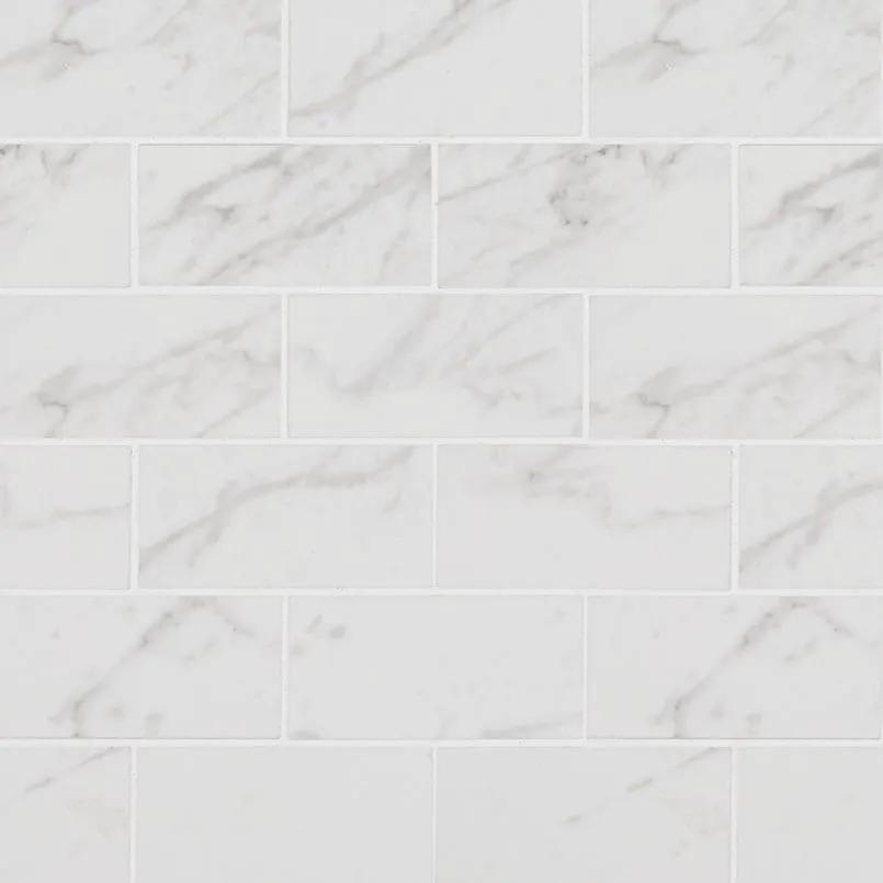Pietra Carrara Polished Marble Look Porcelain Mosaics 2x4 close up