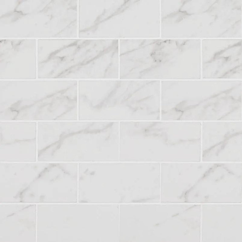 Pietra Carrara Polished Marble Look Porcelain Mosaics 2x4 close up