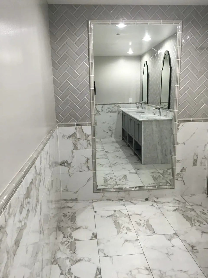 Pietra Statuario Polished Bullnose Marble Look Porcelain Moldings 3x18 in a finished room