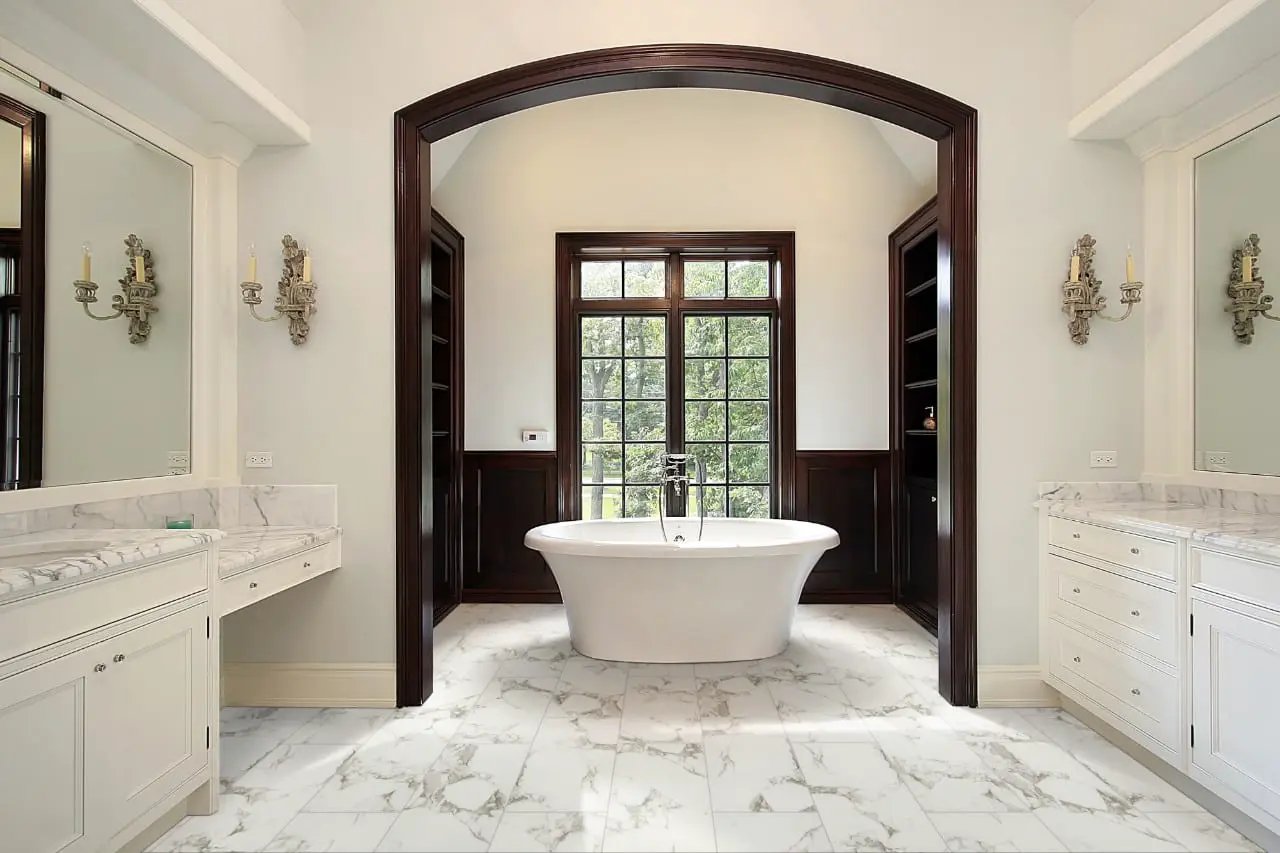 Pietra Statuario Polished Marble Look Porcelain Tiles 12x24 in a finished room