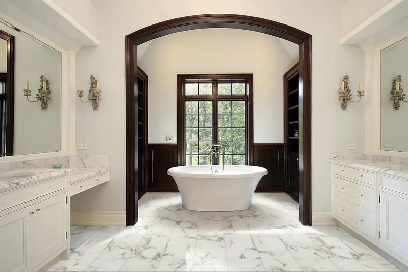 Pietra Statuario Polished Marble Look Porcelain Tiles 12x24 in a finished room