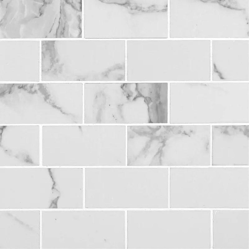Pietra Statuario Polished Marble Look Porcelain Tiles 2x4 close up