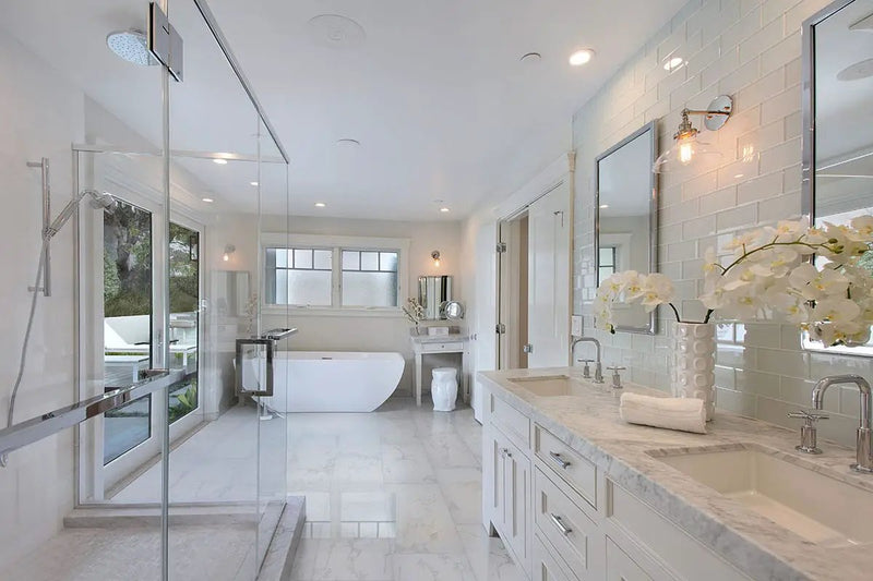 Praia Carrara Polished Bullnose Porcelain Moldings 3x24 in a finished room