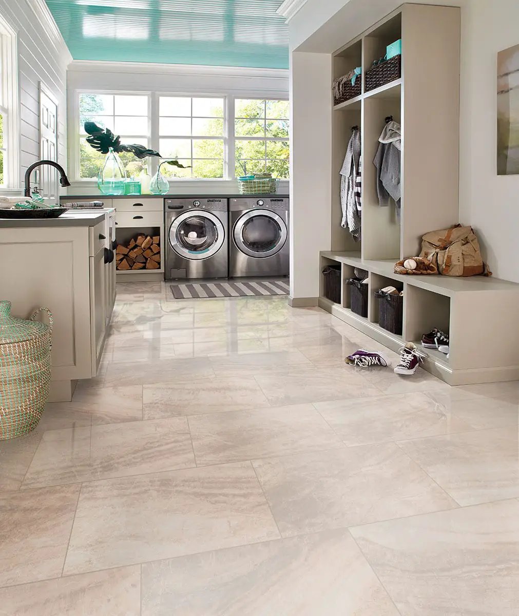 Praia Crema Matte Porcelain Mosaics 2x2 in a finished room