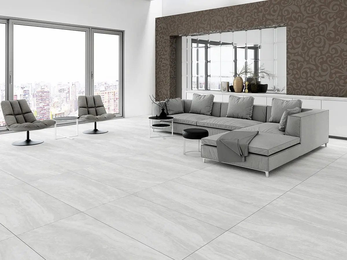 Praia Grey Matte Porcelain Tiles 12x24 in a finished room