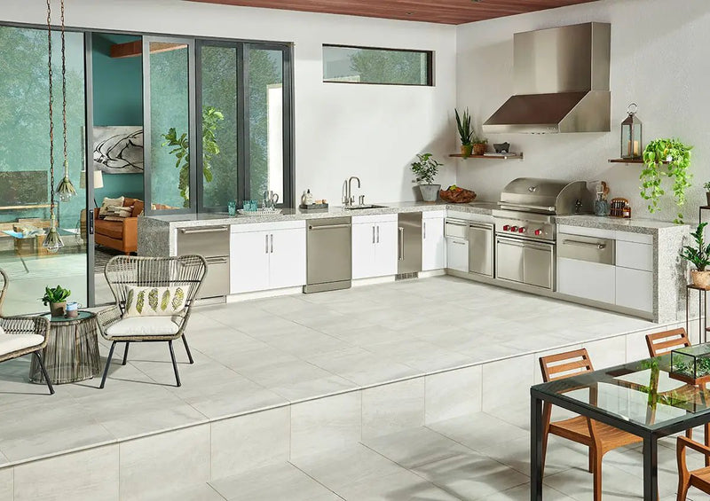 Praia Grey Matte Porcelain Tiles 24x48 in a finished room