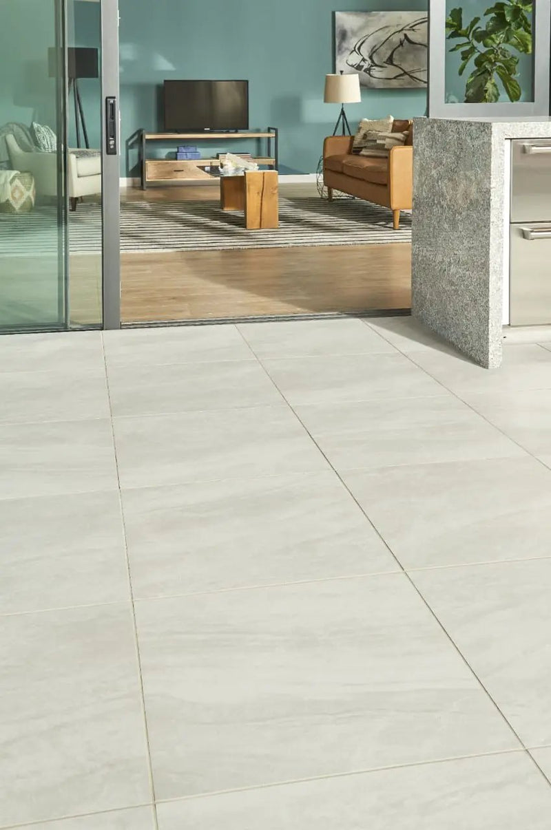 Praia Grey Matte Bullnose Marble Look Porcelain Moldings 3x24 in a finished room
