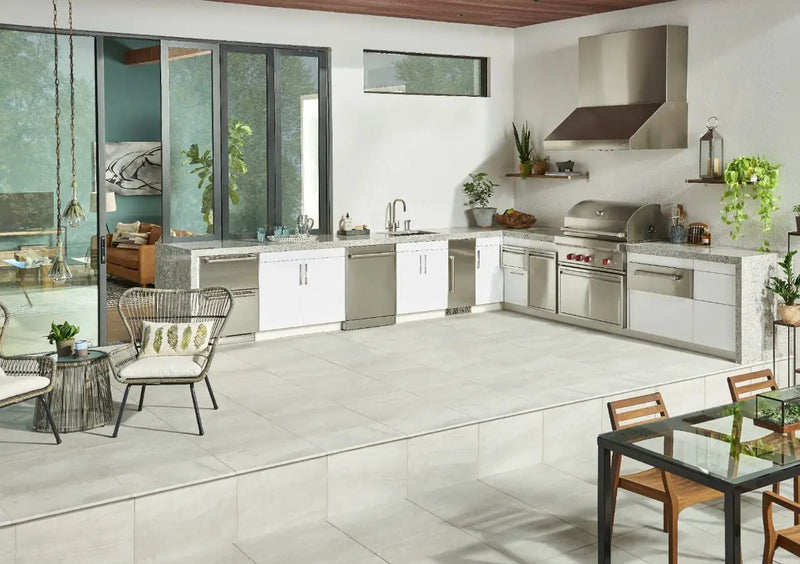 Praia Grey Matte Marble Look Porcelain Pavers 24x24 in a finished room