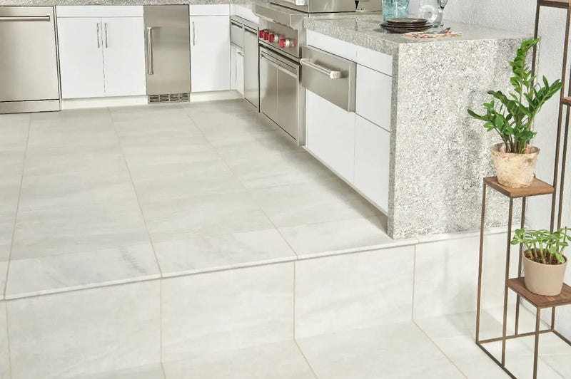 Praia Grey Matte Marble Look Porcelain Pavers 24x24 in a finished room