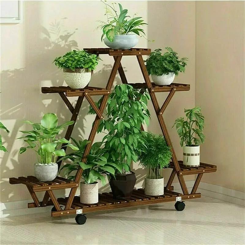 Indoor Outdoor Solid Wood Triangular Multi-Tier Plant Stand with Locking Wheels by HomePacific