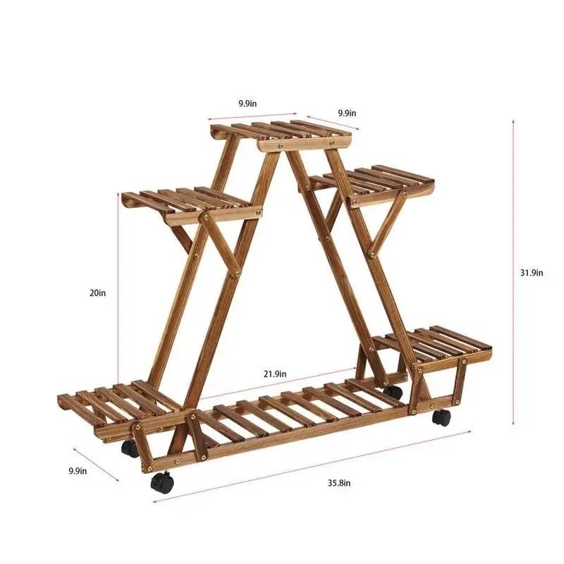 Indoor Outdoor Solid Wood Triangular Multi-Tier Plant Stand with Locking Wheels by HomePacific