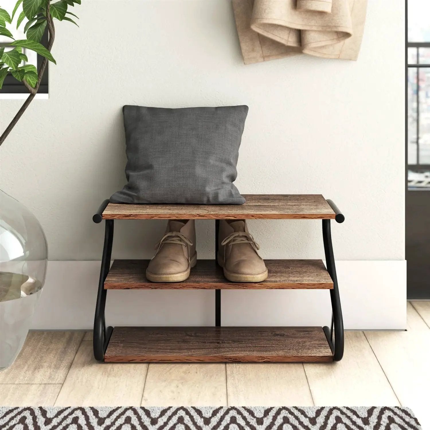 Modern Industrial Metal Wood 3-Tier Shoe Rack - Holds up to 9 Pair of Shoes by HomePacific