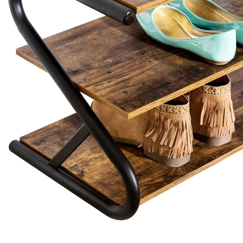 Modern Industrial Metal Wood 3-Tier Shoe Rack - Holds up to 9 Pair of Shoes by HomePacific
